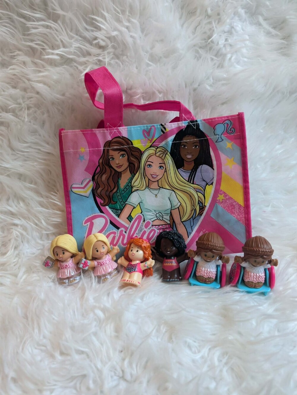 Barbie Pink Tote Bag with Assorted Mini Doll Figures Little People Mattel